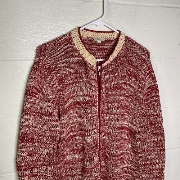 J Jill Sweater Women Sz Small Red Beige  Cardigan Chunky Knit Mock Neck Small - Picture 3 of 9